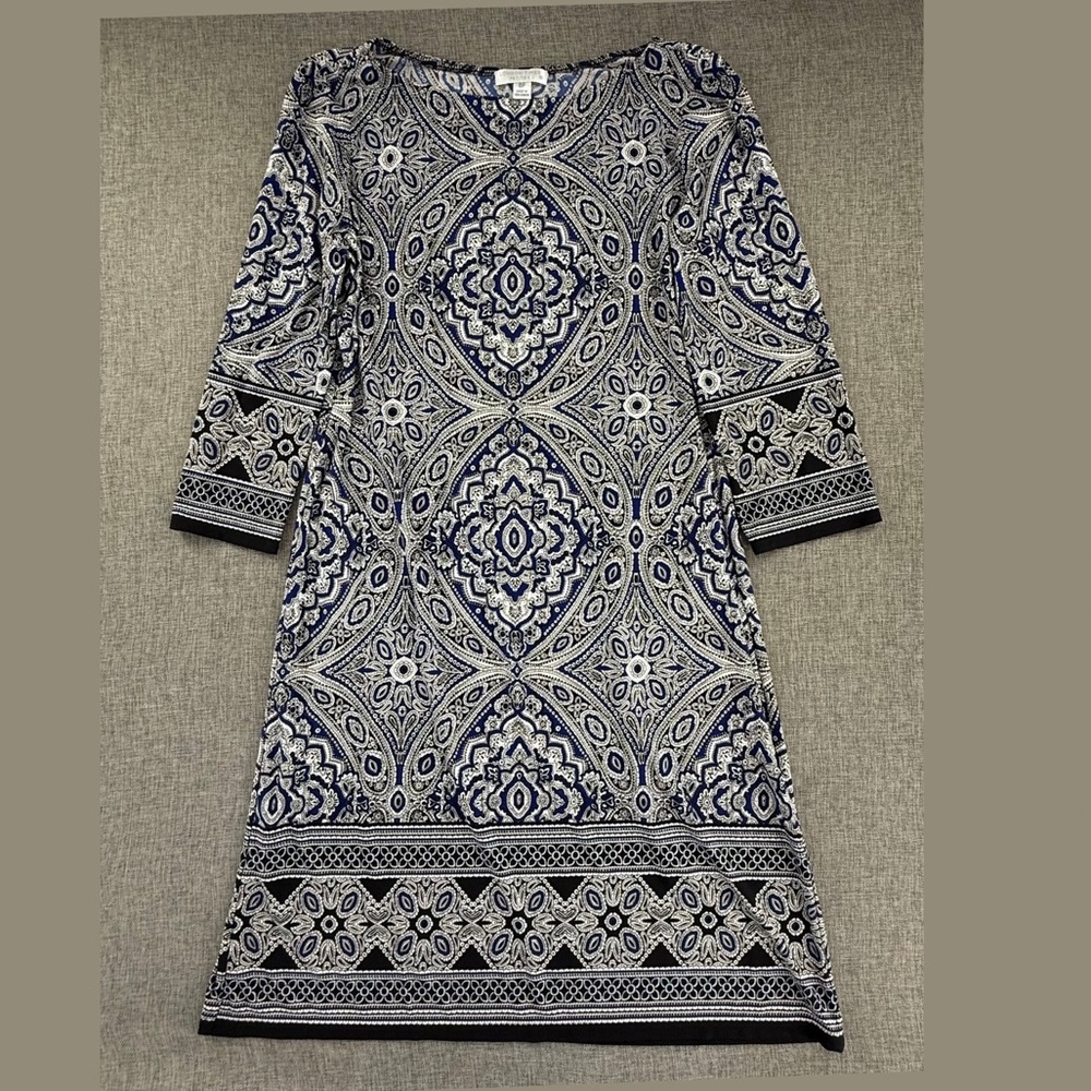 London Times Jersey Dress 8 Petite P:aisley 3/4th Sleeves Black Blue White Stret